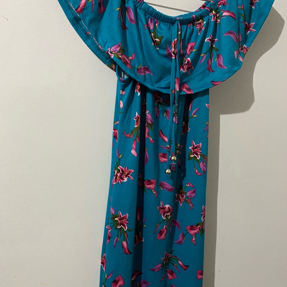 Blue and Pink Ruffled Off the Shoulder Maxi Sundress